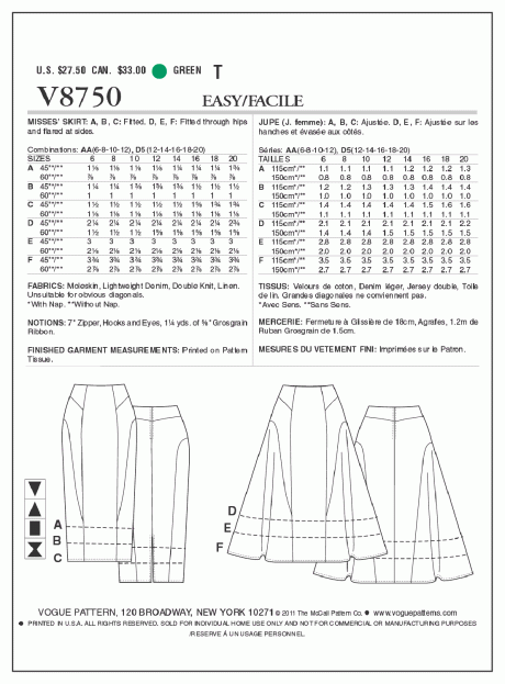 V8750 Misses' Skirt