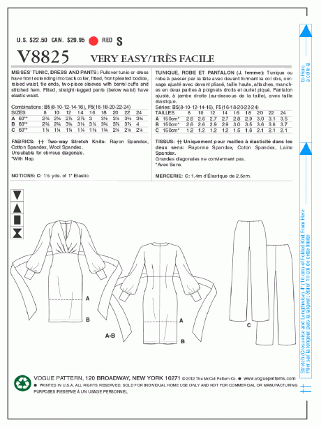 V8825 Misses' Tunic, Dress And Pants