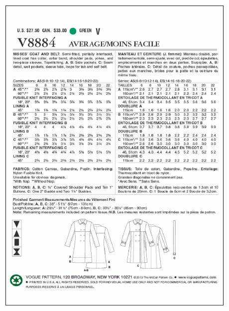 V8884 Misses' Coat and Belt