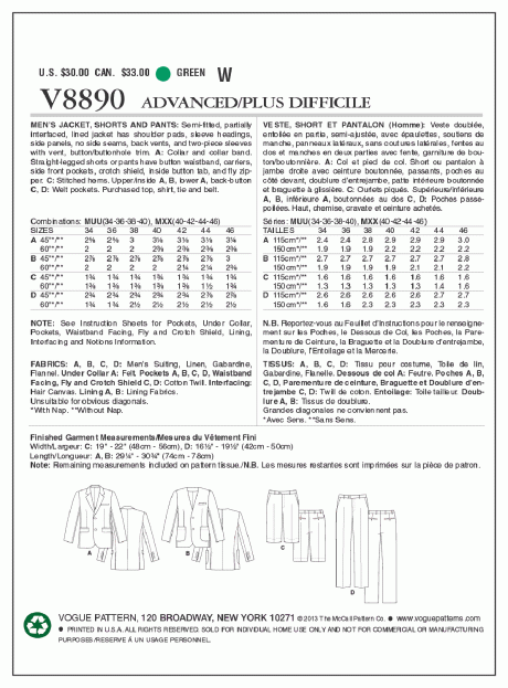 V8890 Men's Jacket, Shorts, and Pants