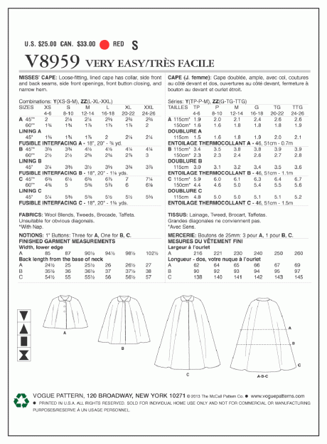 V8959 Misses' Cape