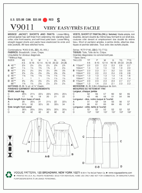 V9011 Misses' Jacket, Shorts and Pants