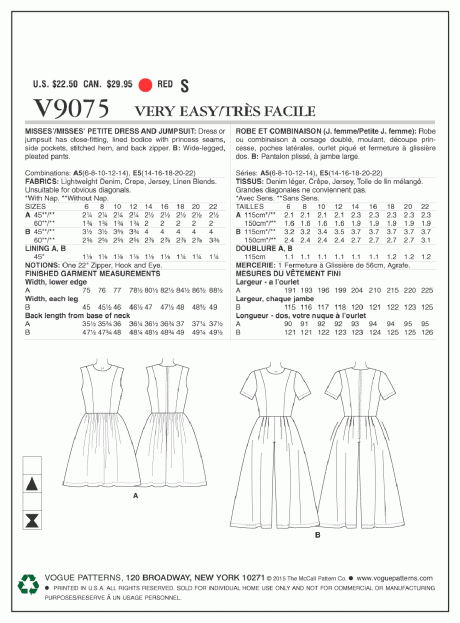 V9075 Misses'/Misses' Petite Dress and Jumpsuit