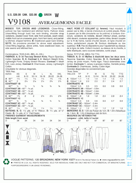 V9108 Misses' Top, Dress and Leggings