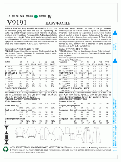 V9191 Misses' Ponchos, Back-Pleat Top, Shorts and Wide-Leg Wrap Pants