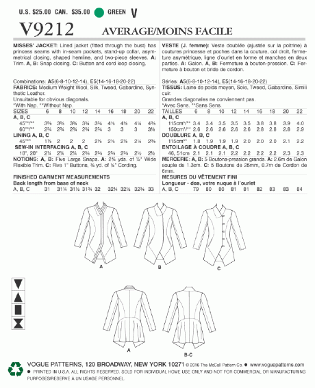 V9212 Misses' Seamed and Collared Jackets