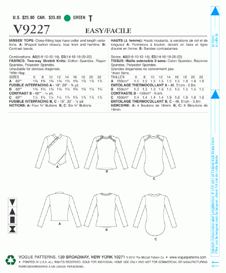V9227 Misses' Button-Detail Tops