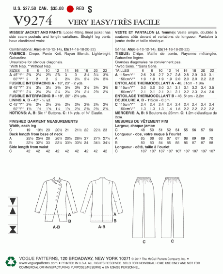 V9274 Misses' Asymmetrical Lined Jacket, and Pull-On Pants