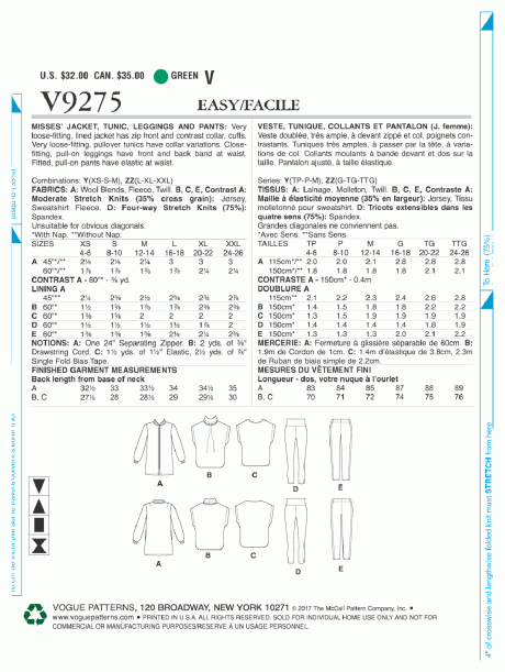 V9275 Misses' Lined Zip Jacket, Knit Tunic, Leggings, and Pants