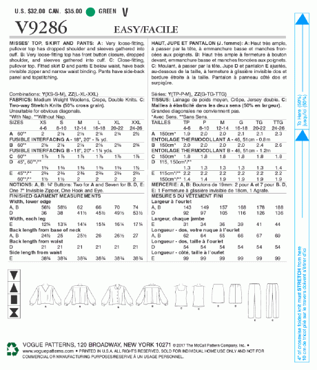 V9286 Misses' Tops, Straight Skirt, and Pants