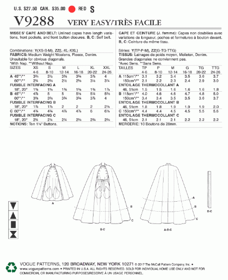 V9288 Misses' Cape with Stand Collar, Pockets, and Belt