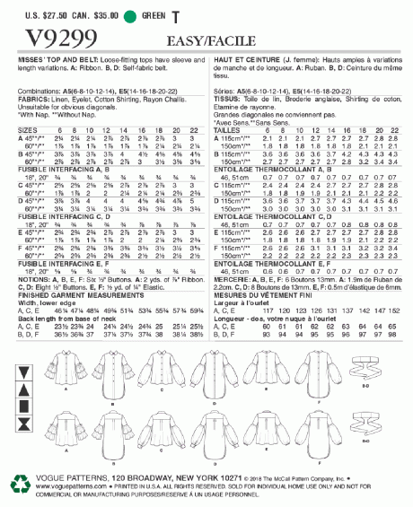 V9299 Misses' Top and Belt