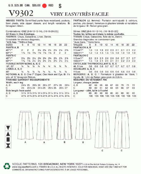 V9302 Misses' Pants