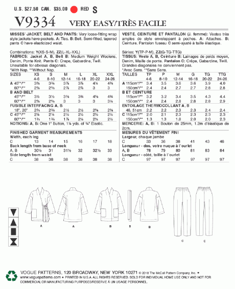 V9334 Misses' Jacket, Belt and Pants