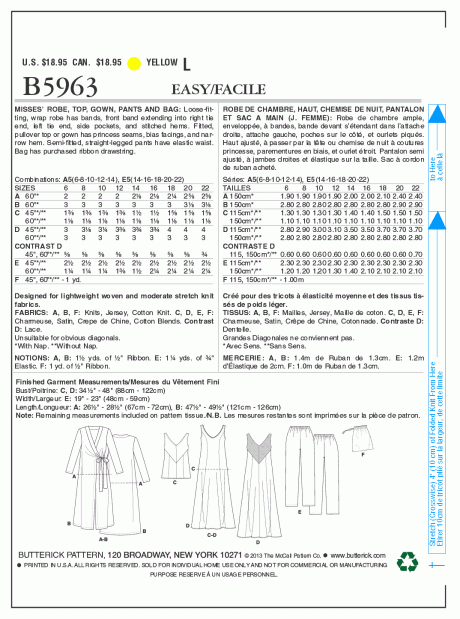 B5963 Misses' Robe, Top, Gown, Pants and Bag - Image 2