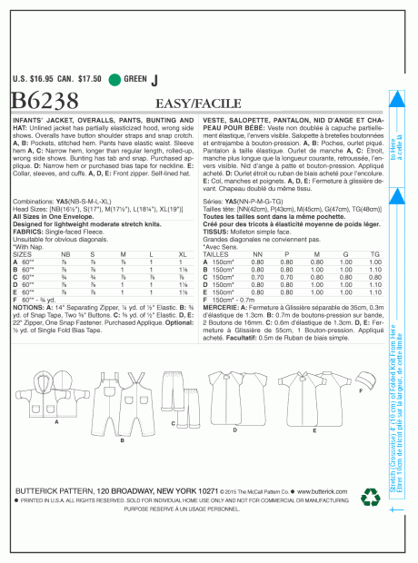 B6238 Infants' Jacket, Overalls, Pants, Bunting and Hat - Image 2