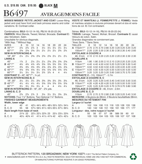 B6497 Misses'/Misses' Petite Jacket and Coats with Asymmetrical Front and Collar Variations - Image 2