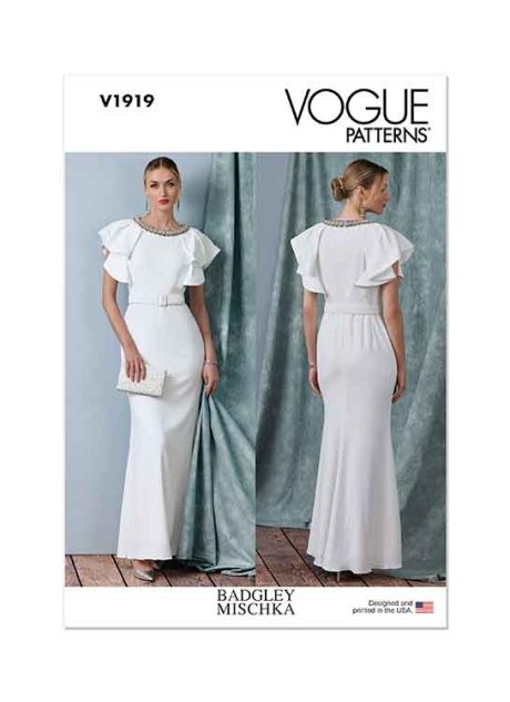 V1919 Misses' Full Length Dress with Belt by Badgley Mischka