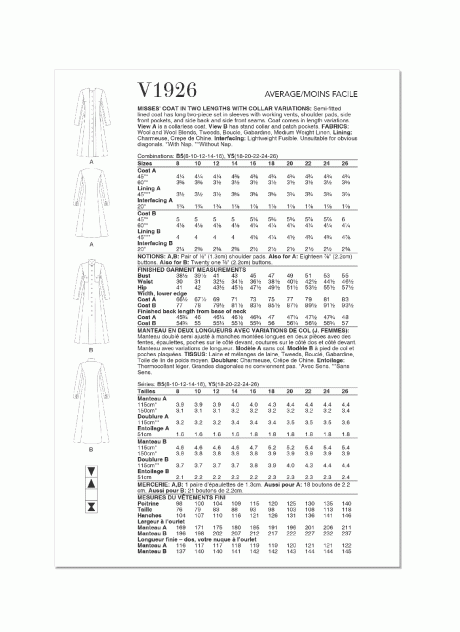 V1926 Misses' Coat in Two Lengths with Collar Variations