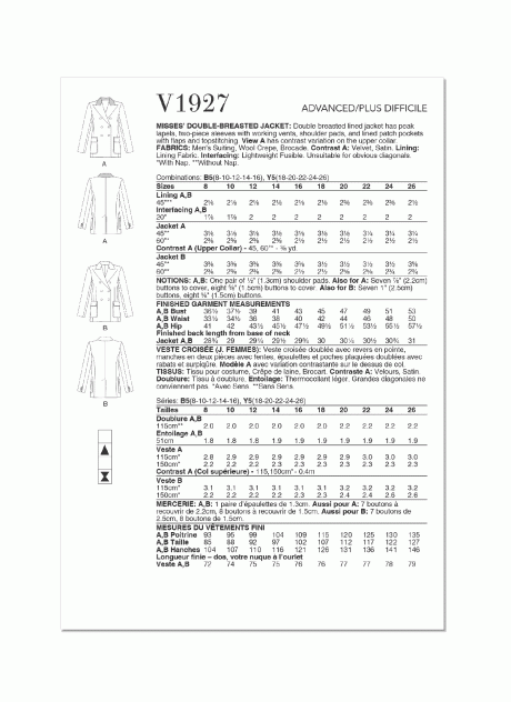 V1927 Misses' Double-Breasted Jacket