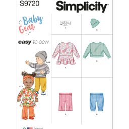 S9720 Babies' Knit Dress, Top, Pants, Hat and Headband in Sizes S-M-L