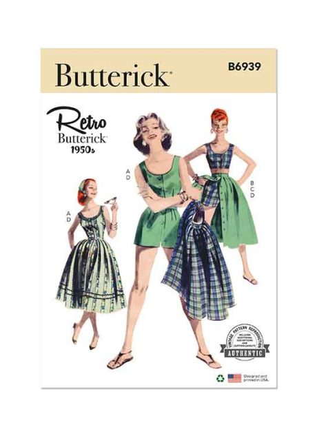 B6939 Misses' Playsuit, Midriff Blouse, Shorts and Skirt