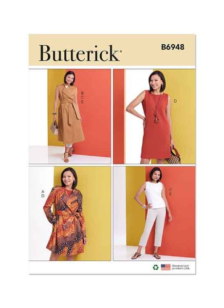 B6948 Misses' Jacket and Vest with Belt, Top, Dress and Pant