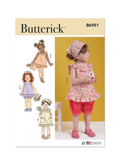 B6951 Toddlers' Dress, Tops, Shorts, Pants and Kerchief