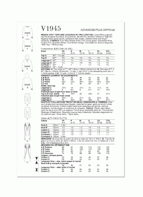 V1945 Misses Knit Tops and Leggings in Two Lengths