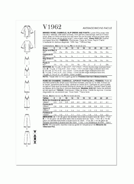 V1962 Misses' Robe, Camisole, Slip Dress and Pants