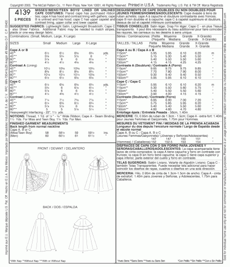 M4139 Misses'/Men's/Teen Boys' Lined & Unlined Cape Costumes