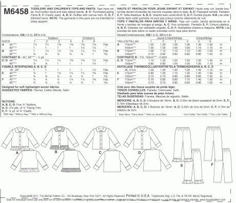 M6458 Toddlers'/Children's Tops and Pants