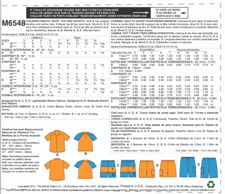 M6548 Children's/Boys' Shirt, Top and Shorts