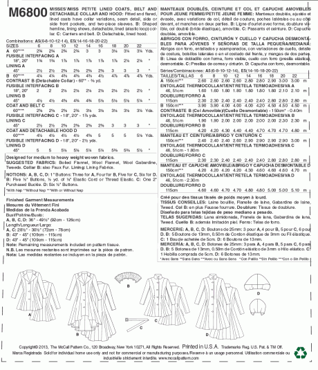 M6800 Misses'/Miss Petite Lined Coats, Belt and Detachable Collar and Hood