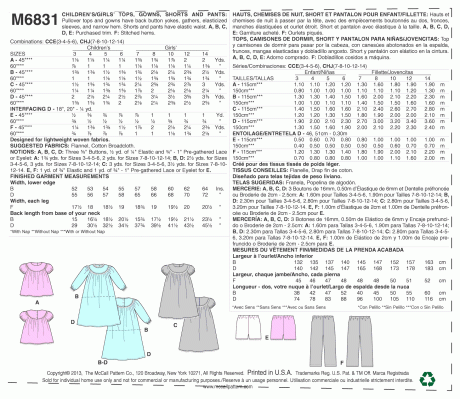 M6831 Children's/Girls' Tops, Gowns, Short and Pants
