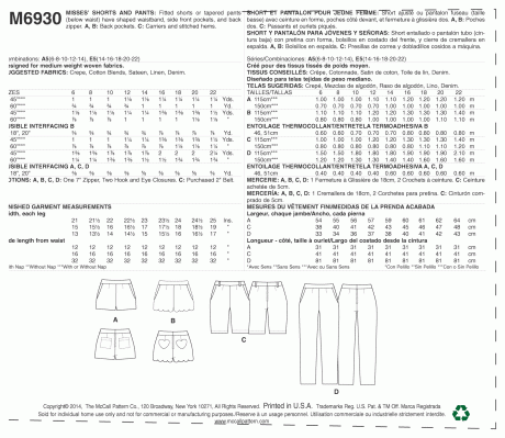 M6930 Misses' Shorts and Pants