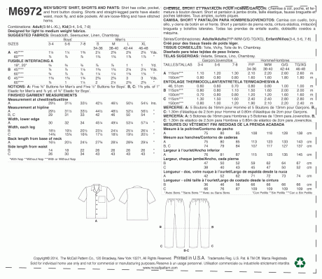 M6972 Men's/Boys' Shirt, Shorts and Pants