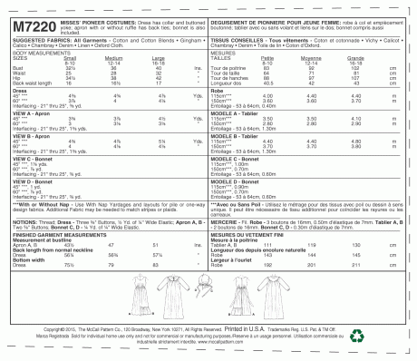 M7220 Misses' Pioneer Costumes