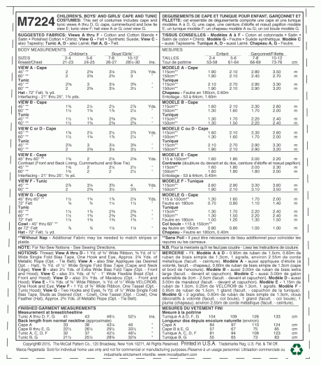 M7224 Children's, Boys' and Girls' Cape and Tunic Costumes