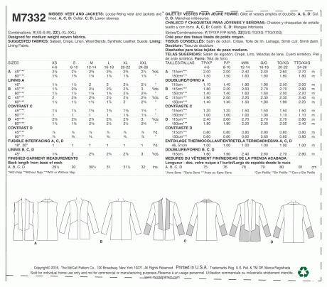 M7332 Misses' Open Front Vest and Jackets