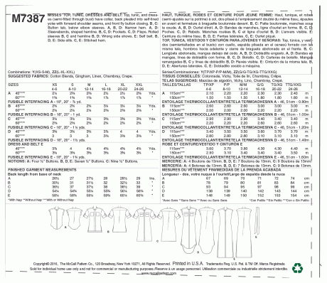 M7387 Misses' Button-Down Top, Tunic, Dresses and Belt