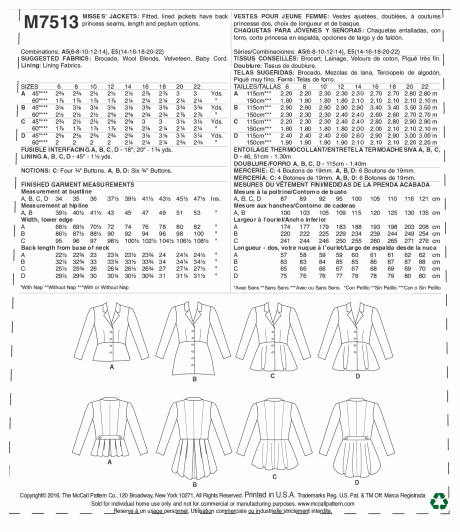 M7513 Misses' Notch-Collar, Peplum Jackets