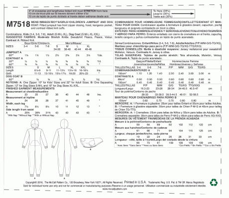 M7518 Men's/Misses'/Boys'/Girls'/Children's Hooded Jumpsuits and Dog Coat with Kangaroo Pocket