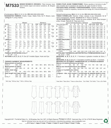 M7533 Misses'/Women's Fitted, Sheath Dresses