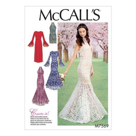 M7569 Misses' Column and Mermaid-Style Dresses with Bodice and Sleeve Variations