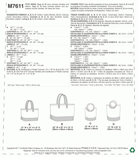 M7611 Misses' Lined Tote Bags with Contrast Variations