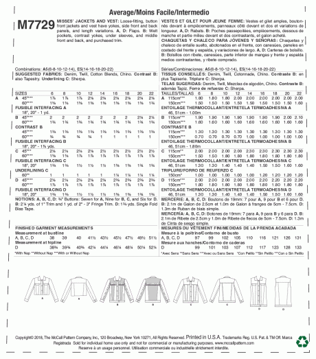 M7729 Misses' Jackets and Vest