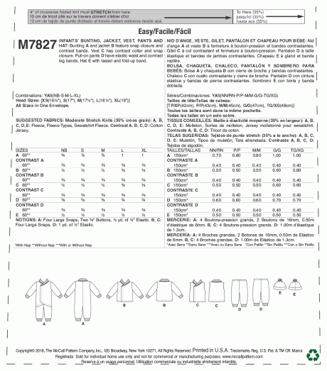 M7827 Infants Bunting, Jacket, Vest, Pants and Hat