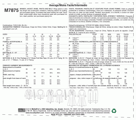 M7875 Misses' Jacket, Robe, Pants and Belt