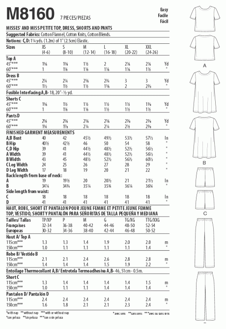 M8160 Misses' & Miss Petite Short Sleeve Top, Dress, Pull-On Shorts & Pants